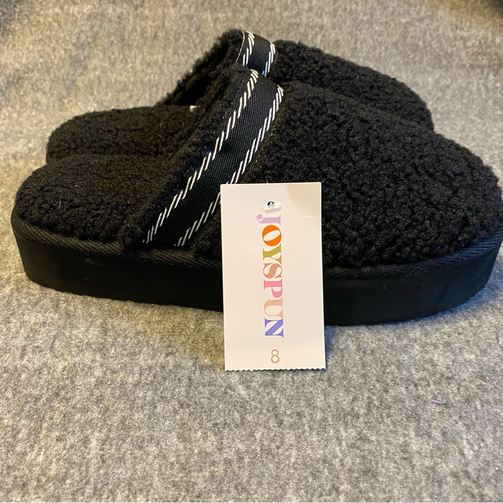 Joyspun Black Fuzzy Slippers Women’s Size‎ 8 Teddy Fleece Plat New